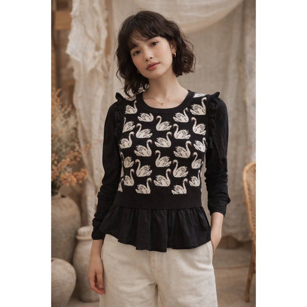 Maeve Anthropologie Swan Mixed Media Peplum Sweater Top Black White SP